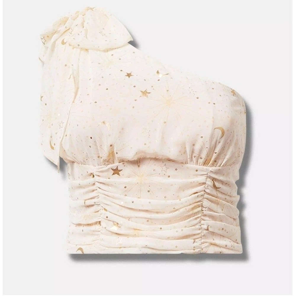 Torrid Chiffon Foil One‎ Shoulder Crop Top Star Clusters Gold Celestial 3 3X
